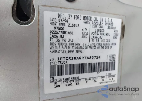 1994 Ford Ranger z USA, uszkodzony, nr VIN 1FTCR10A4RTA80724